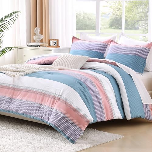 Litanika Sea Salt King Size Comforter Set - 3 Pieces Stripe Bed Set