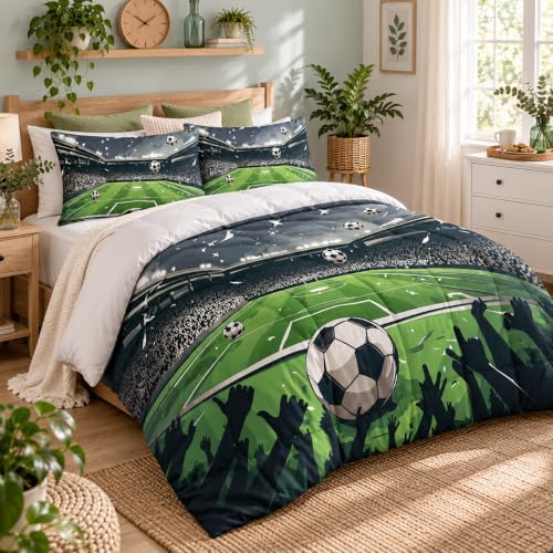 CCoutueChen Boys Twin Soccer Bedding Set, Sports Comforter Set for Kids, Green Warm Microfiber Comforter with 1 Pillowcase, 68"x86"