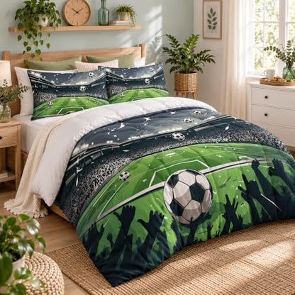 CCoutueChen Boys Twin Soccer Bedding Set, Sports Comforter Set for Kids, Green Warm Microfiber Comforter with 1 Pillowcase, 68"x86"