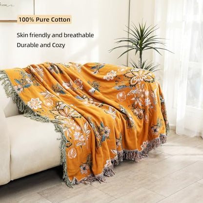 VANJOROY Boho Throw Blanket, 100% Organic Cotton Breathable Skin-Friendly Ultra Soft 50" x 60" Bed Yellow Throw - Floral Rustic Decor Luxury Reversible Blanket for Sofa Couch Chair and Gift,