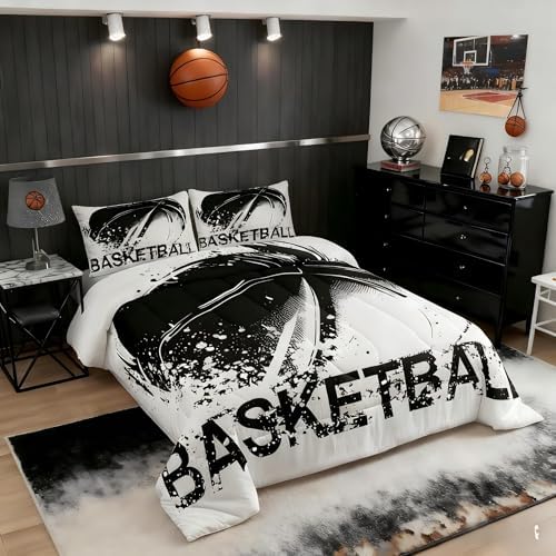 Basketball Comforter Set Queen for Boys Kids Sports Games Room Decor Black White Watercolor Comforter Aldults Bedroom Tie-dye Bedding Set 1 Comforter with 2 Pillow Cases,Lightweight Warm Soft