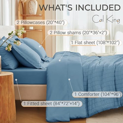 MUXHOMO 7 Pieces California King Comforter Set, Seersucker Bed in a Bag Cal King Size, All Season Luxury Bedding Set with Comforter, Flat Sheet, Fitted Sheet, Pillowcases & Shams, Mineral Blue