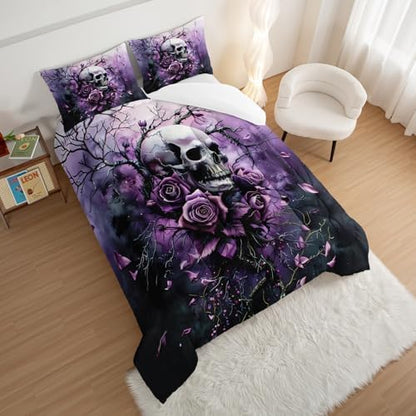 HOSIMA Floral Death Skull King Bedding Set for Women with 2 Pillowcases.
