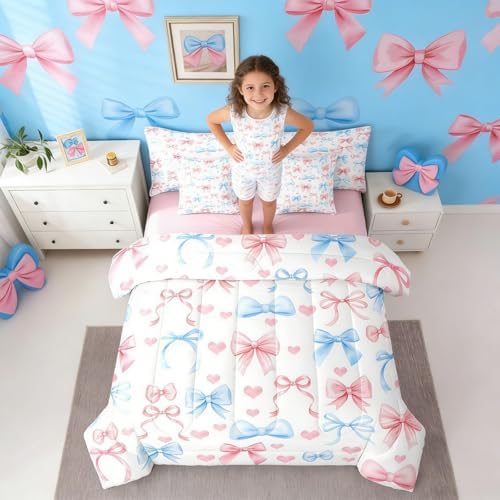 Erosebridal Princess Bow Queen Comforter Set with Sheets | Pink Bow Tie 7-Piece Bedding Set Blue Ribbon Bowknot Bed in a Bag, Girly Kawaii Love Hearts Bed Sets