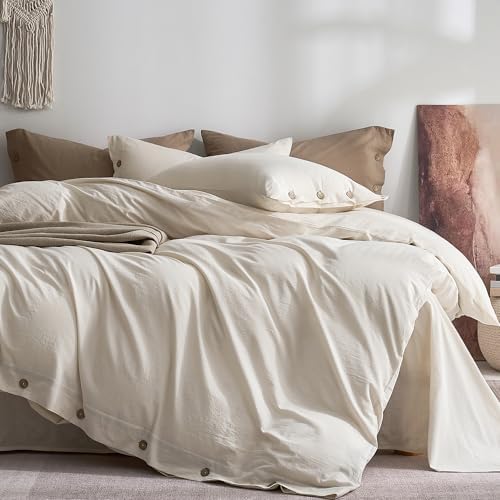 JELLYMONI 100% Washed Cotton Oat Milk Duvet Cover Full, Linen-Like