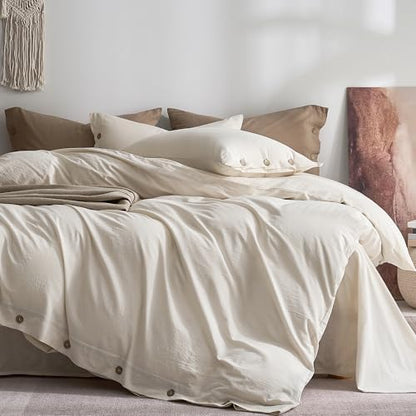 JELLYMONI 100% Washed Cotton Oat Milk Duvet Cover King, Linen-Like