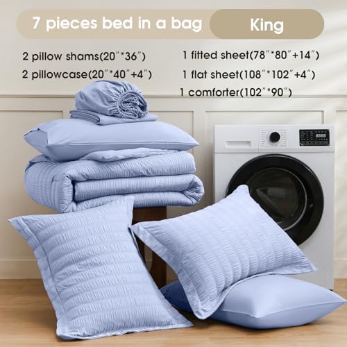 FreshCulture Comforter Set Seersucker 7 Pieces, All Season Bedding Set King, Bed in a Bag Comforter Set with 1 Comforter, 1 Flat Sheet, 1 Fitted Sheet, 2 Pillowcases and 2 Pillow Shams, Baby Blue