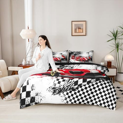 jejeloiu Red Race Car Comforter Set with Sheets 7 Piece Twin Size