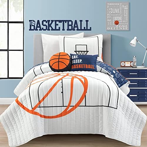 Lush Decor Basketball Game Reversible Quilt Twin Size 4 Piece Set, White & Navy - Kids Bedding Set - Twin Size Quilt - Sports Décor