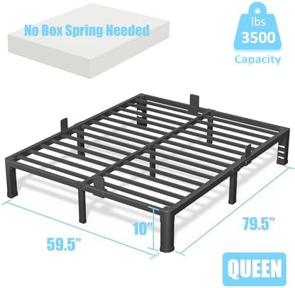 FUIOBYVV 10 Inch Queen Bed Frame with Rounded Corner and Headboard Hole Mattress Retainers 3500 LBS Metal Heavy Duty Steel Slats Support No Box Spring Needed Platform Noise Free Easy Assembly