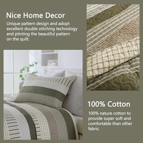 Finlonte 100% Cotton King Size Quilt Set, Patchwork Striped King Quilt Bedding Set Farmhouse Bedspread, Lightweight Quilted Comforter Reversible Bed Spread for All Season, Green/Brown/Cream, 3 Pieces