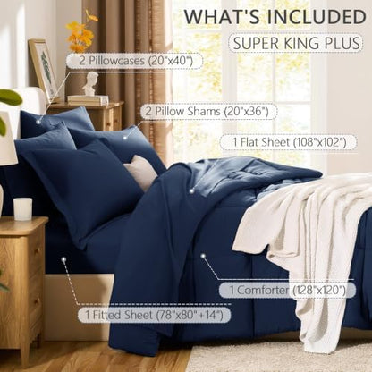 CozyLux Super King Plus Comforter Set, 7-Piece Bed in a Bag, Navy Blue
