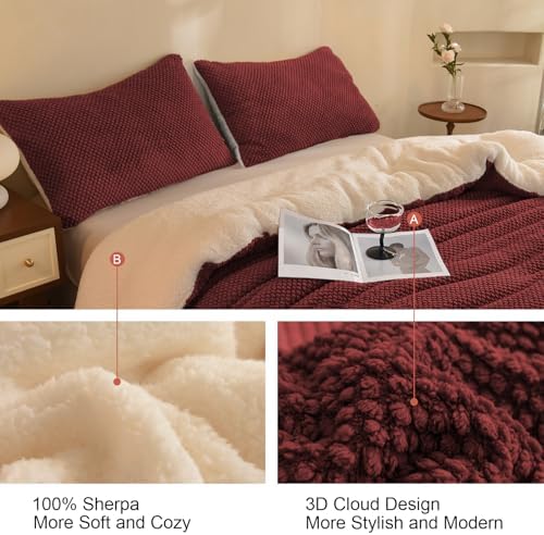 LLanCL 3D Jacquard Design Comforter Set, Ultra-Soft Warm Queen Size Sherpa Fur Plush 3-Pieces Sets Luxury Cozy Bedding with 2 Pillowcases (90"x90", Burgundy)