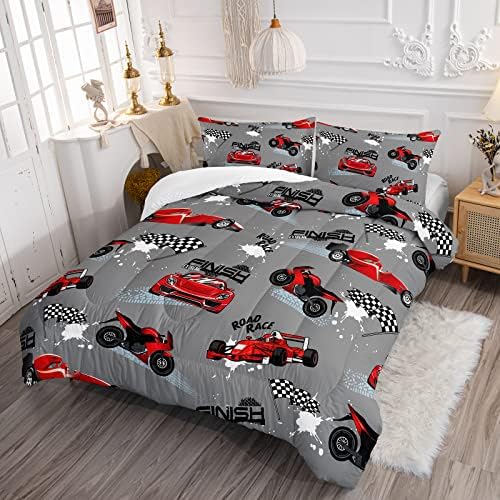 Axolotl Kid Comforter Set Queen Size,Racing Car Bedding Set for Boys Girls Teen Car Racing Gifts,Race Cars Quilt Bed Set with 1 Comforter 2 Pillowcases,Red Grey