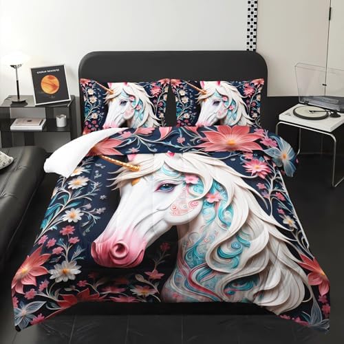 White and Pink Unicorn Flower Full Size Comforter Set for Girls，Kids Full Size Unicorn Bedding Sets for Girls
