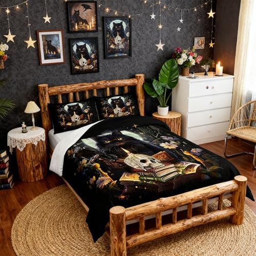 Kids Cat Comforter Set,Sugar Skull Crow and Daisy Flower Garden Quilt Set for Teens Girls Boys Adult Bedroom Decor,Black Pet Cat Plants Bedding Set Moon Night Stars Print Duvet Insert 3Pcs