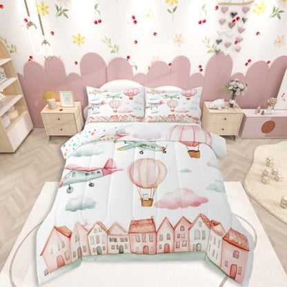 Erosebridal Cartoon Airplane King Size Comforter Set, Pink Aircraft Bedding Set for Girls Kids Teens Youth Women Bedroom, Cute Cat Pink Hot Air Balloon Comforter, Colorful Cloud Duvet Insert