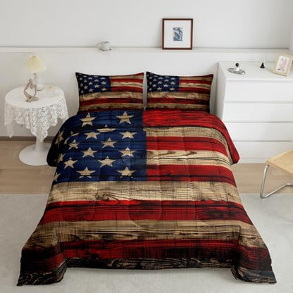 Castle Fairy American Flag Quilt Set Full Size, Brown Wooden Board Country Retro Farmhouse Natural Style Comforter Set for Girls Teens Bedroom Present, Microfiber Bedding Set with 2 Pillowcases