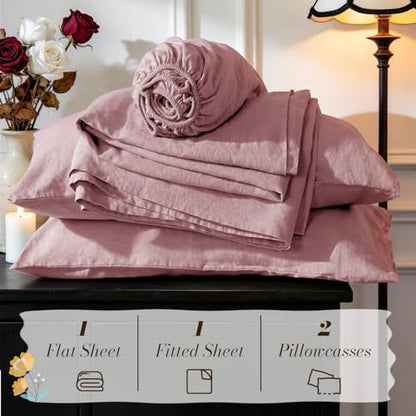 SONORO KATE 100% French Linen Full Size Sheets Set,Natural Flax Bedding