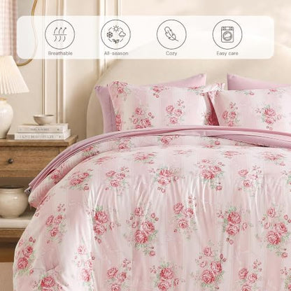 BLOOMHAVEN Twin XL Comforter Set -5 Pieces Floral Maisie Pink Bedding Set for All Seasons, Bed in a Bag with Rose Flowers Comforter, Sheets, Pillowcase & Sham