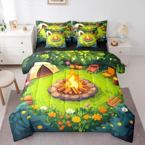 Erosebridal Campfire Twin Comforter Set with Sheets 7 Piece Woodland Campsite Bed in A Bag Happy Camping Camper Bedding Sets for Kids Adults,Rv Bunk Accessories Bed Set