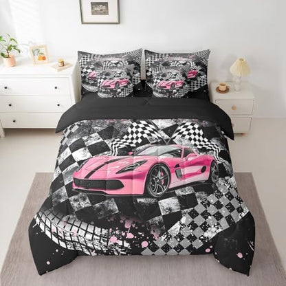 Girls Boys Racing 7 Pcs Comforter Set Queen Size Bed in a Bag,Kids Race Car Bed Set Room Decor,Extreme Sports Bedding Sets with Comforter,Flat,Fitted Sheet,Pillowcases,Pillow Covers