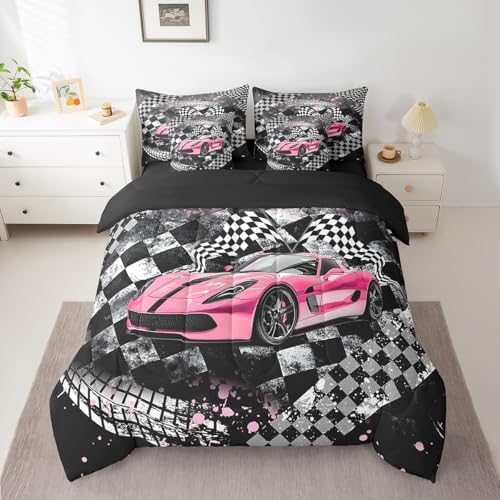 Girls Boys Racing 7 Pcs Comforter Set King Size Bed in a Bag,Kids Race Car Bed Set Room Decor,Extreme Sports Bedding Sets with Comforter,Flat,Fitted Sheet,Pillowcases,Pillow Covers