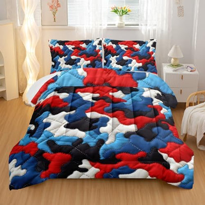 Nttopship Camouflage Bedding Set,Red Blue White Camouflage Pattern Style King Comforter Set for Adult Teens Camo Bed in A Bag 3 Pieces,Camo Pattern Room Decor with Comforter and 2 Pillow Case