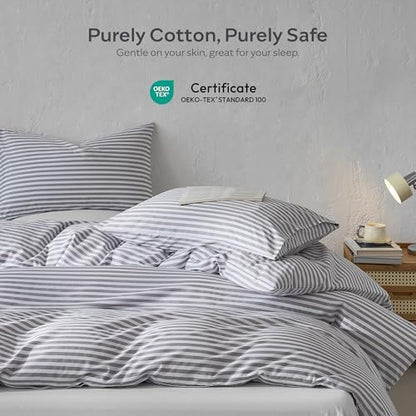 JELLYMONI 100% Cotton Printed Striped Full Duvet Cover Set, Grey