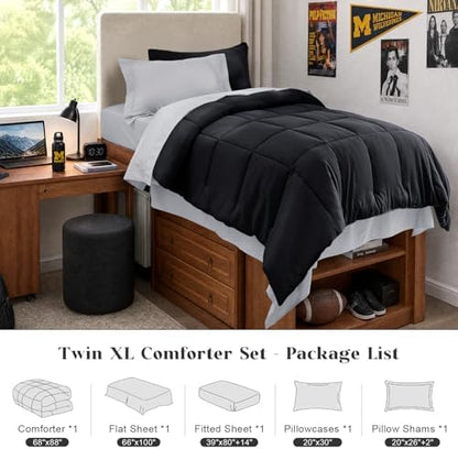 JOLLYVOGUE Twin XL Comforter Set, Ultra-Soft Bed in a Bag Twin XL Size 5 Pieces, Oeko-TEX Certified Bedding Set with Down Alternative Comforter, Sheets, Pillowcases & Shams, Black & Light Grey