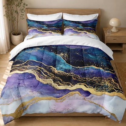 CCoutueChen Marble Bedding Sets Queen, Blue and Purple Watercolor Comforter with Morden Aesthetic Pattern, 3 Pcs Warm Microfiber Bed Set with 2 Pillowcases, 90"x90"
