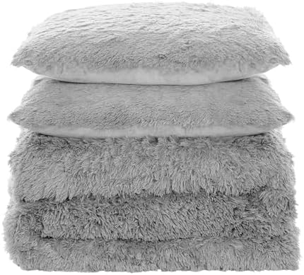 Queen Luxury Faux Fur Comforter Set - Soft & Breathable 7-Piece Bedding Collection - 1 Comforter, 1 Fitted Sheet, 1 Flat, 2 Pillowcases, 2 Pillow Shams - Deep Pocket - Premium Quality, Silver