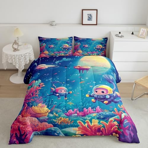 Homewish Underwater World Comforter Set King Size,Cartoon Submarine Bedding Set 3Pcs for Kids Girls Boys Teens Room Decor,Colorful Coral Fish Quilt Set Dreamy Ocean Duvet Insert,2 Pillowcases
