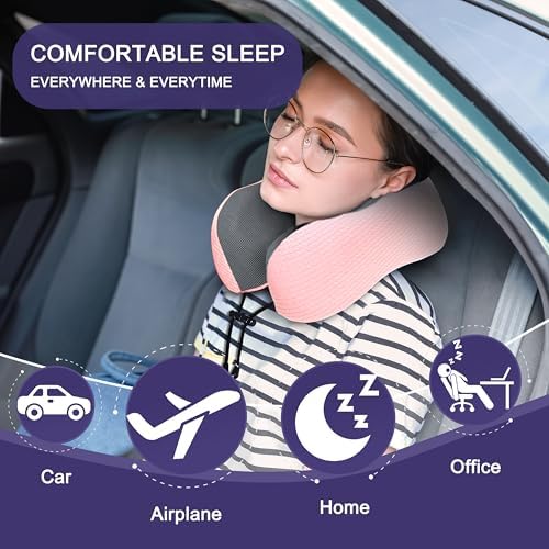 napfun Neck Pillow for Travel, Memory Foam Airplane Pillow, Pink