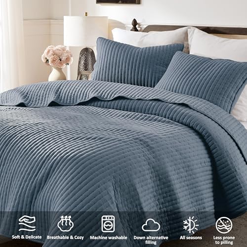WDCOZY Blue Cross Stitch California Cal King Size Quilt Set, Oversized Striped Lightweight Soft Bedspread, Channel Farmhouse Rustic Coverlet, All Season Country Bedding, Thin Comforter