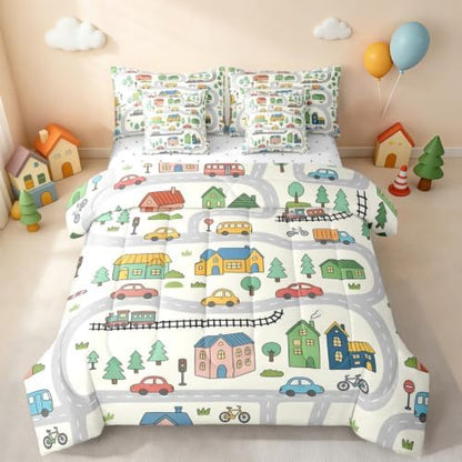 Erosebridal 7 Pcs Cartoon City Car Bedding Set King Size Cute Bicycle Train Kids Comforter Set with Sheets Multicolor Cityscape Bed in A Bag for Boys Girls Transportation Road & Railway Bed Sets