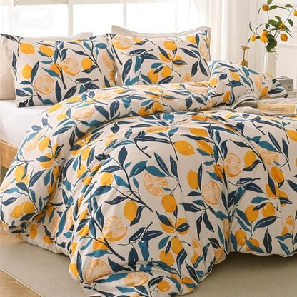 MUXHOMO Lemon Blossom Full Comforter Set, Elegant Floral Print Bed in a Bag 7 Pieces, Ultra Soft & Breathable Reversible Botanical Pattern Bedding Set with Comforter, Sheets, Pillowcases, and Shams