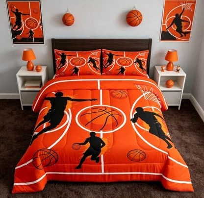 Graffiti Basketball Bedding Sets Full Size,Orange Court Line Comforter Set 3Pcs for Kids Girls Boys Youth Room Decor,Ball Sports Gaming Quilted Duvet Modern Fashion Down Comforter,2 Pillowcases