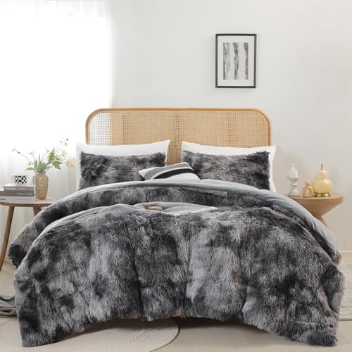 Smoofy Fluffy Full Size Comforter Set Tie-dye Grey Faux Fur Comforter 3Pcs