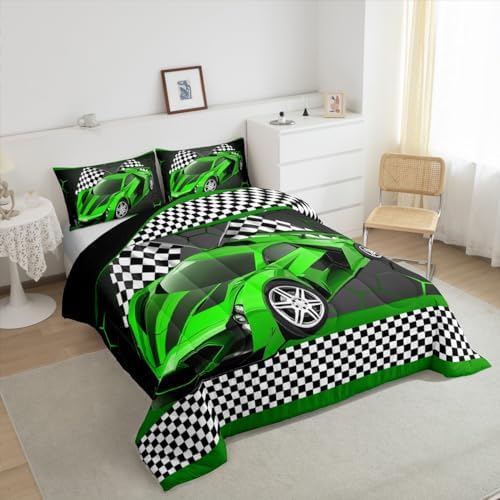 Feelyou Race Car Comforter Set for Kids Boys Black White Checkered Flag Print Comforter Extreme Sports Bedding Set Full Size Bedroom Decor Honeycomb Speed Sports Car Green Duvet Set 3pcs