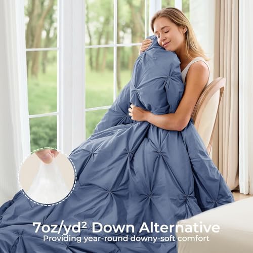 Sasttie Twin Comforter Set, 5-Piece Bed in a Bag, Pintuck Bedding Sets for All Season, Includes Comforter, Flat Sheet, Fitted Sheet, Pillowcase and Pillowsham, Slate Blue