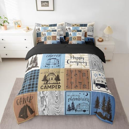 Erosebridal Happy Camping Bedding Set Full Rv Camper Comforter Set 7 Piece for Travel Trailers Bunks,Rustic Buffalo Plaid Pine Trees Camper Car Decor Bed in A Bag Rv Accessories for Inside Bed Set