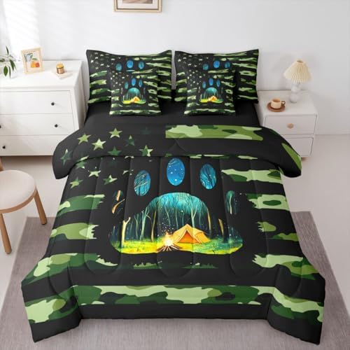 Erosebridal American Flag 7 Pieces Bedding Set Army Green Camo Full Comforter Set for Boys Girls Bear Claw Hunting Theme Bed in A Bag with Flat and Fitted Sheet Camoflage Camping Campfire Bed Set