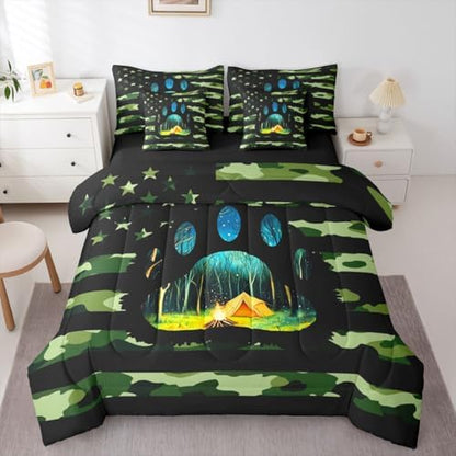 Erosebridal American Flag 7 Pieces Bedding Set Army Green Camo Full Comforter Set for Boys Girls Bear Claw Hunting Theme Bed in A Bag with Flat and Fitted Sheet Camoflage Camping Campfire Bed Set