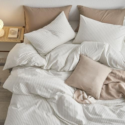 MooMee Striped Duvet Cover Set 100% Washed Cotton Linen Like Super Queen