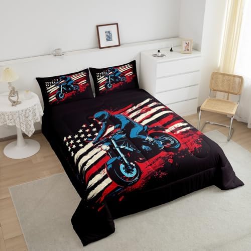 Feelyou Dirt Bike Comforter Set Queen Size Motorbike Bedding Set Ultra Soft Racing Motocross Rider Comforter for Kids Boys Girls Extreme Sports Duvet Quilt Bedroom Decor Racing Themed Quilt