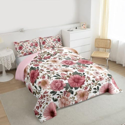 Castle Fairy Vintage Floral Leaf Comforter Set Twin Size,Romantic Pink Flowers Leaves Bedding Set,Kids Boys Adults Bedroom Decor,Country Farmhouse Super Soft Duvet Insert,1 Pillowcase