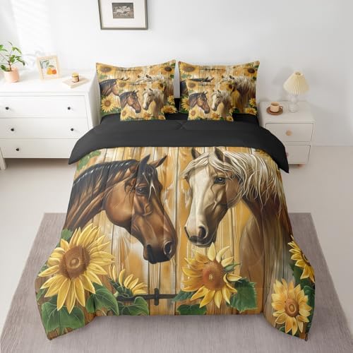 Erosebridal Couple Horse Bedding Set King,Sunflower Farm Animals Comforter Set,Rustic Farmtyle(Comforter+Fitted+Flat Sheet+2 Pillowcases+2 Throw Pillow Covers) 7 Pieces Old Wooden Boards Bed Set