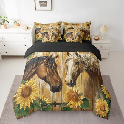 Erosebridal Couple Horse Bedding Set Twin,Sunflower Farm Animals Comforter Set,Rustic Farmtyle(Comforter+Fitted+Flat Sheet+2 Pillowcases+2 Throw Pillow Covers) 7 Pieces Old Wooden Boards Bed Set