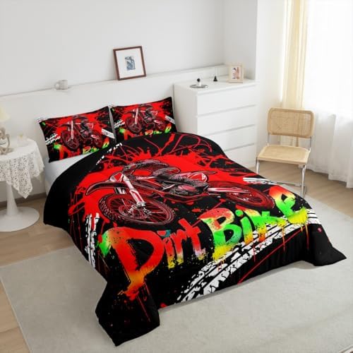 Feelyou Racing Motocross Rider Kids Bedding Set,Boys Girls King Size,Dirt Bike Comforter Set,Extreme Sports Ultra Soft Duvet Quilt,Tire Print Comforter Motorbike Bedroom Decor